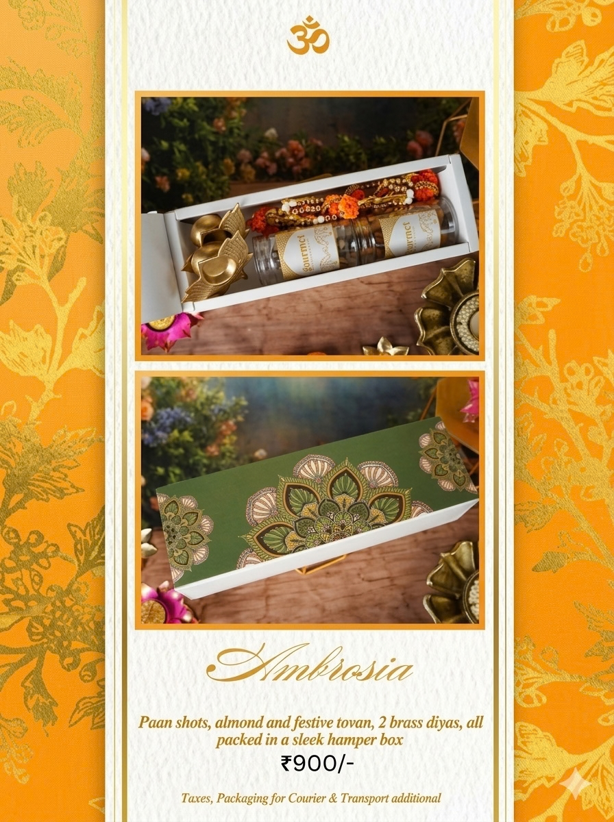Ambrosia Diwali hamper, ₹900. Paan shots, almonds and a festive toran with 2 brass diyas, packed in a sleek hamper box.