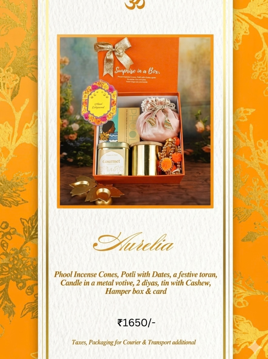 Aurelia Diwali hamper, ₹1,650. Phool incense cones, potli with dates, festive toran, candle in a metal votive, 2 diyas, cashew tin, hamper box and card.