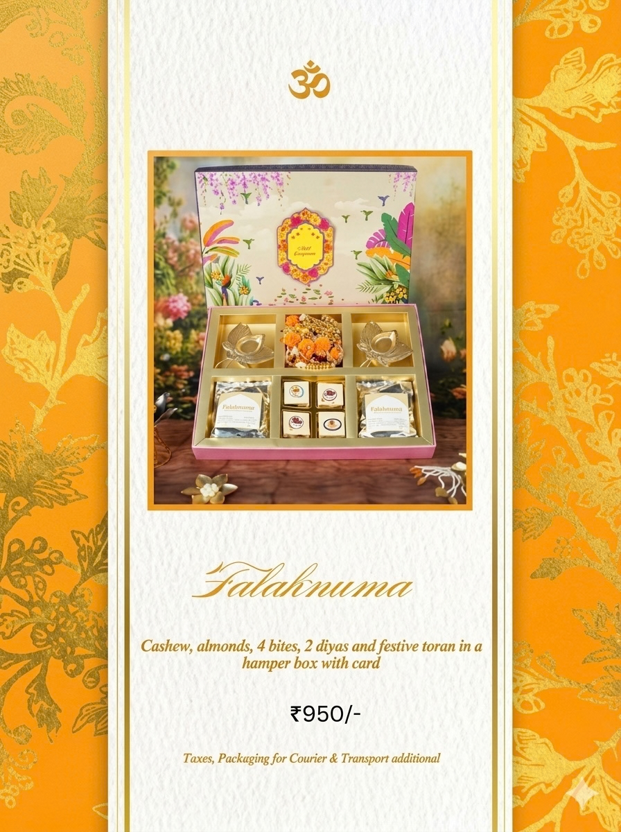 Falaknuma Diwali hamper, ₹950. Cashew, almonds, 4 bites, 2 diyas and a festive toran in a hamper box with card.