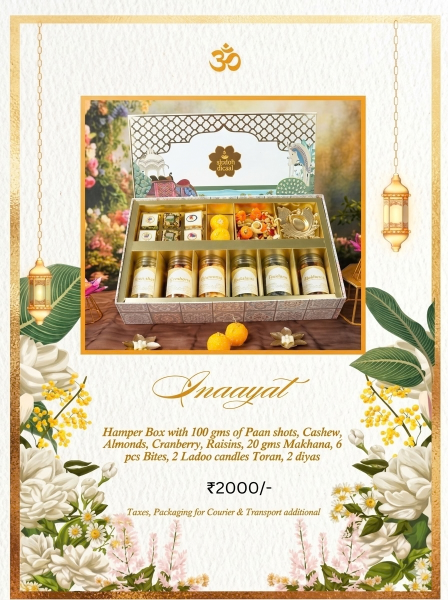 Inaayat Diwali hamper, ₹2,000. Hamper with 100 g each of paan shots, cashew, almonds, cranberry and raisins, 20 g makhana, 6 bites, 2 ladoo candles, toran and 2 diyas.