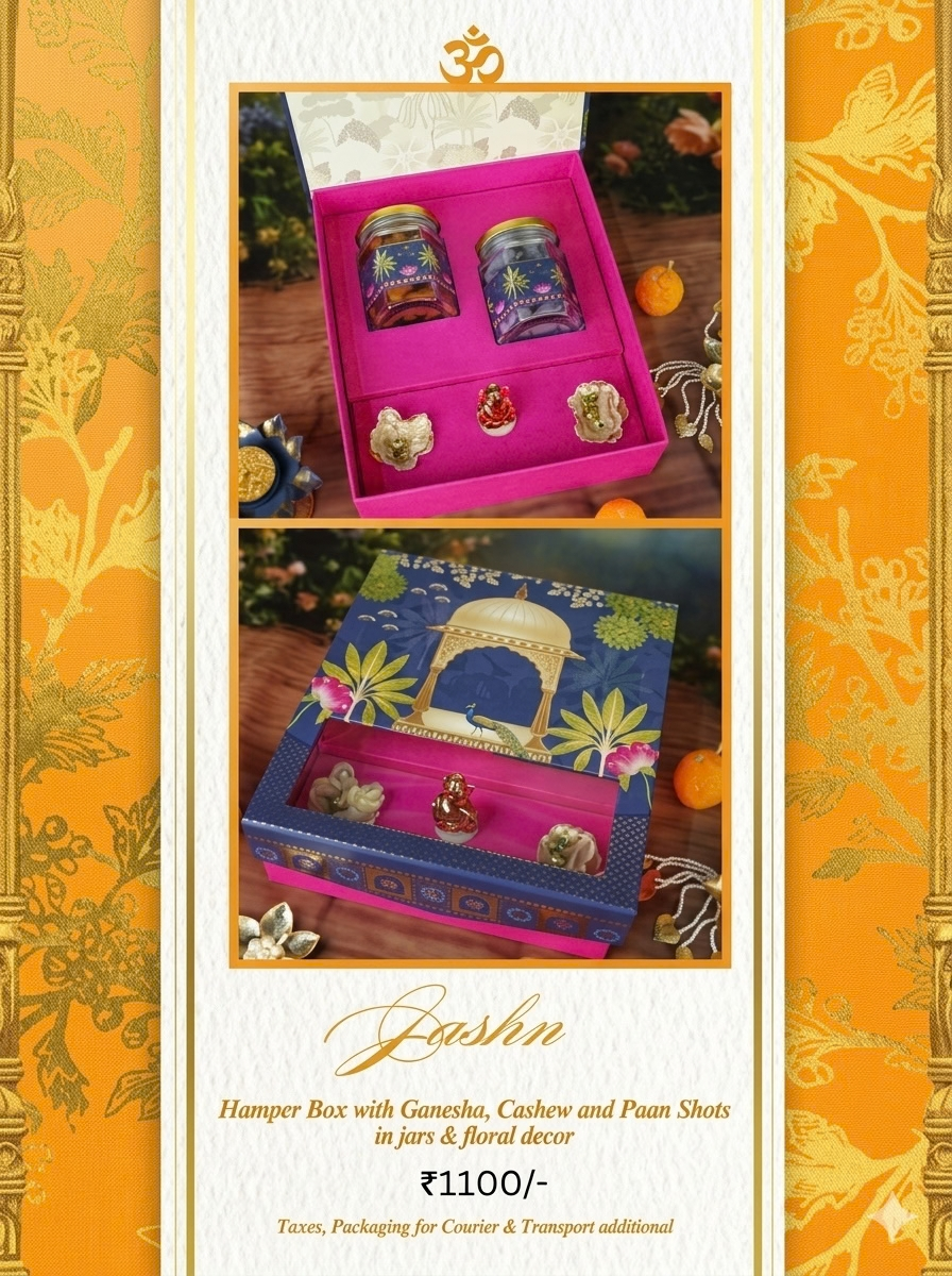 Jashn Diwali hamper, ₹1,100. Hamper box with Ganesha, cashew and paan shots in jars, and floral decor.
