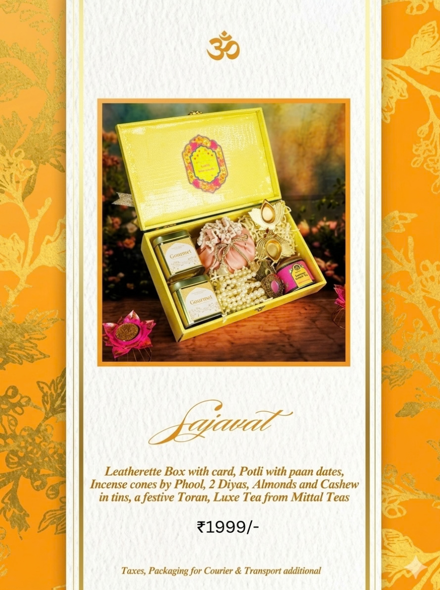 Lajawat Diwali hamper, ₹1,999. Leatherette box with card, potli with paan dates, Phool incense cones, 2 diyas, almonds and cashew in tins, festive toran and luxe tea from Mittal Teas.