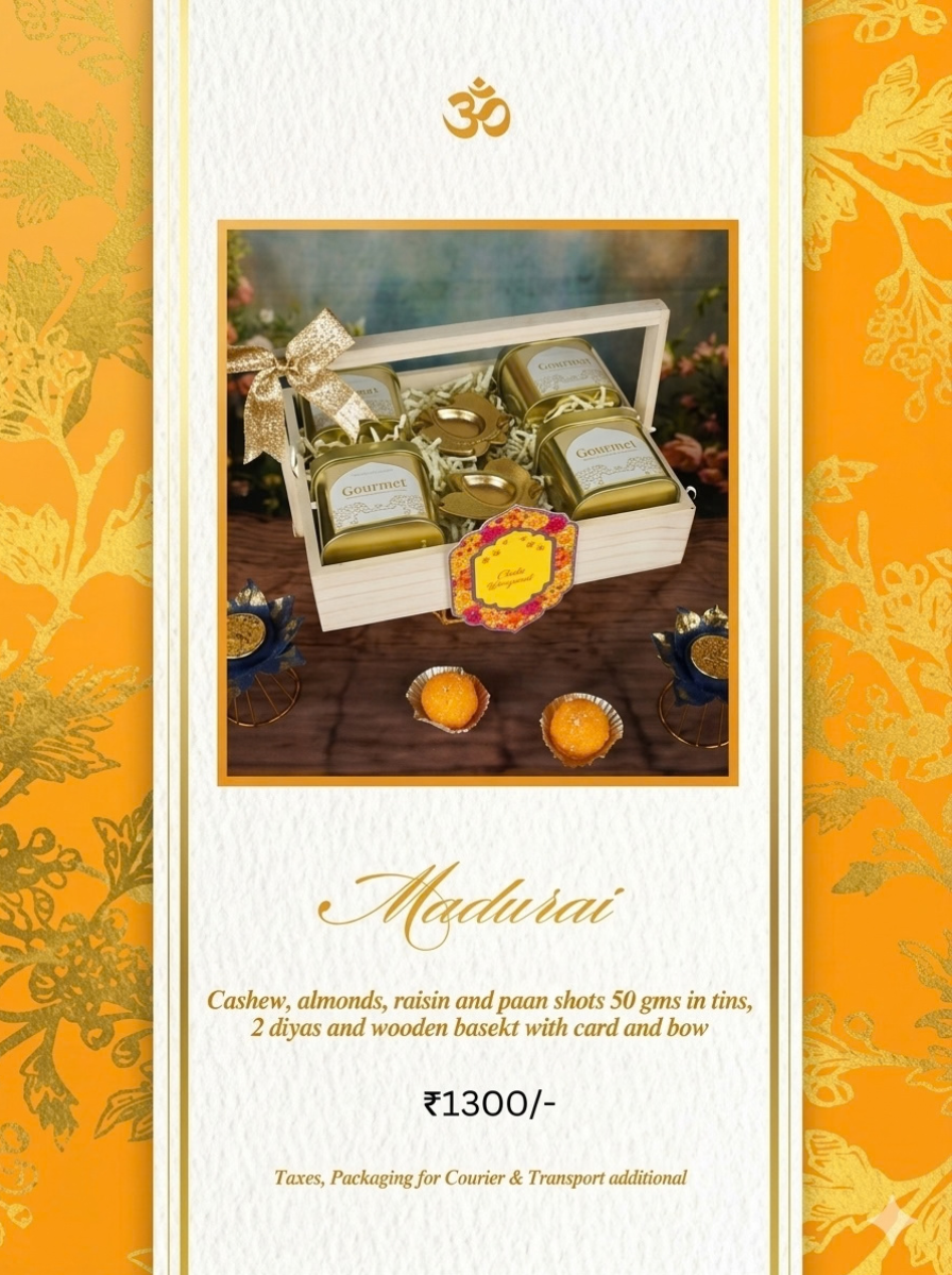 Madurai Diwali hamper, ₹1,300. Cashew, almonds, raisin and paan shots, 50 g each in tins, 2 diyas, wooden basket, card and bow.