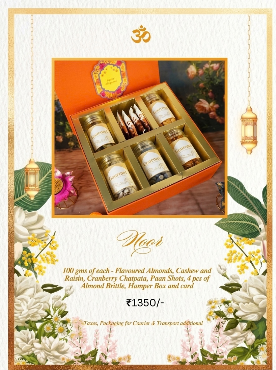 Noor Diwali hamper, ₹1,350. 100 g each of flavoured almonds, cashew and raisin, cranberry chatpata and paan shots, plus 4 pieces of almond brittle, hamper box and card.