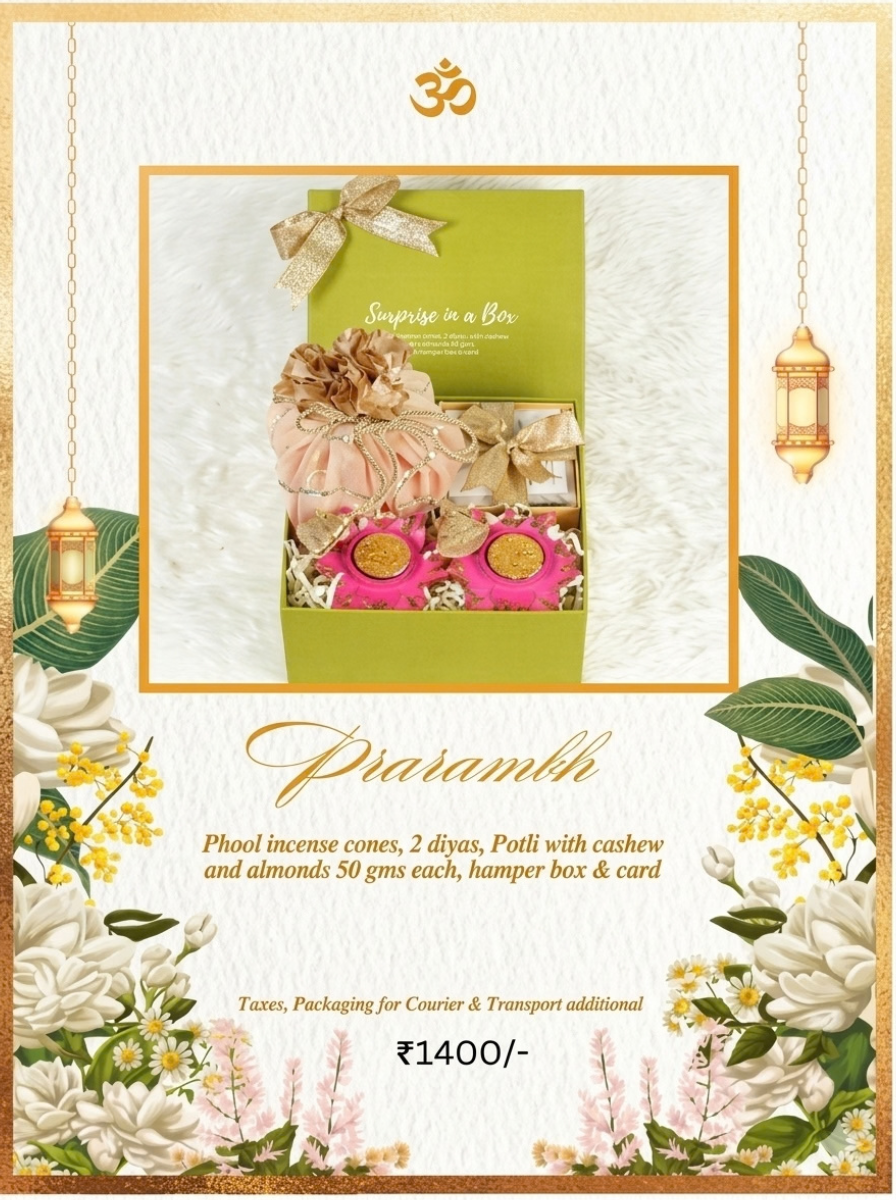 Prarambh Diwali hamper, ₹1,400. Phool incense cones, 2 diyas, potli with 50 g each of cashew and almonds, hamper box and card.