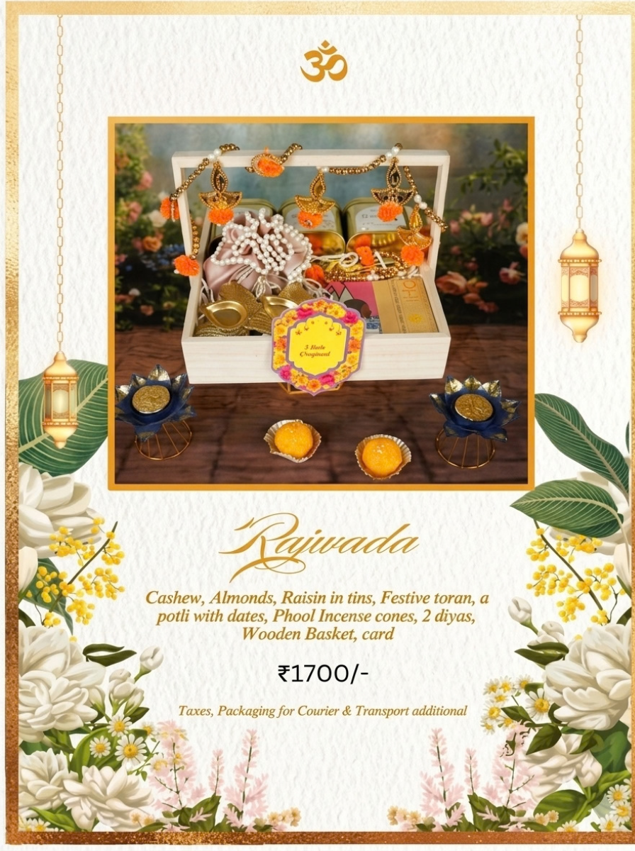 Rajwada Diwali hamper, ₹1,700. Cashew, almonds and raisin in tins, festive toran, potli with dates, Phool incense cones, 2 diyas, wooden basket and card.