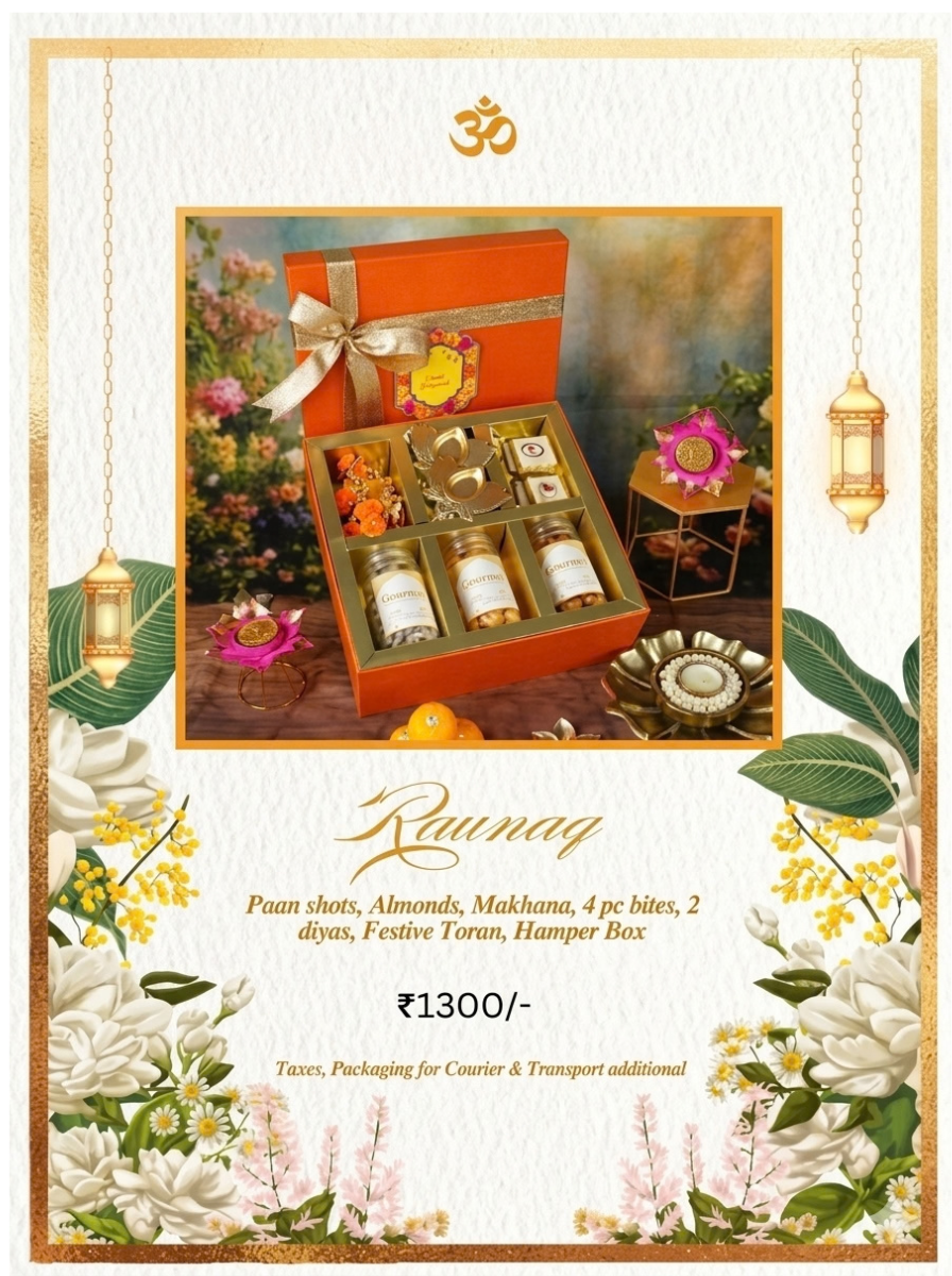 Raunaq Diwali hamper, ₹1,300. Paan shots, almonds, makhana, 4 bites, 2 diyas, festive toran and hamper box.